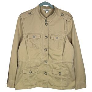 LL Bean Jacket Womens Large Khaki Utility Chore Lightweight Coat Cotton Military